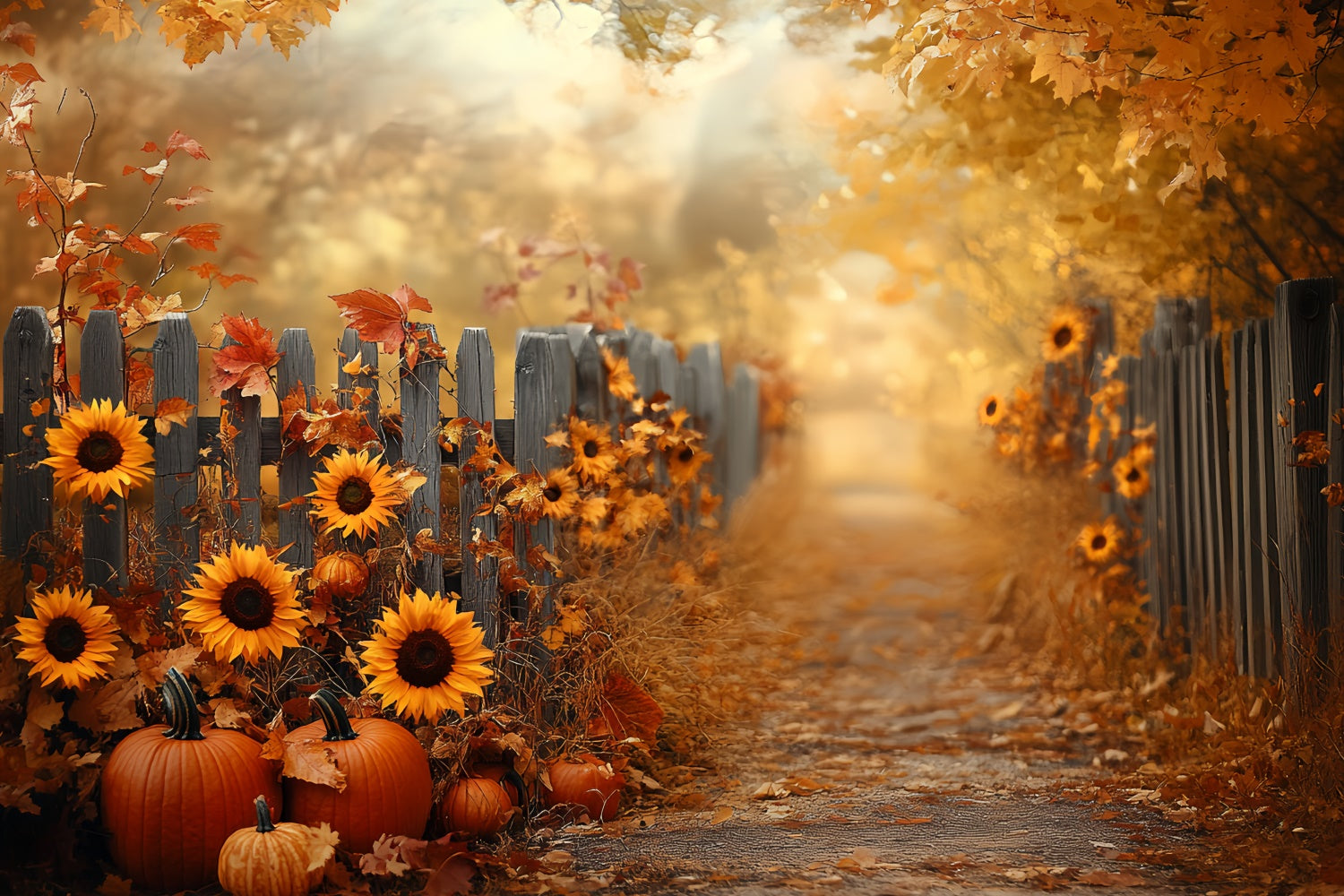 Autumn Photo Backdrop Sunflower Fence Harvest Backdrop UK CSH57-183