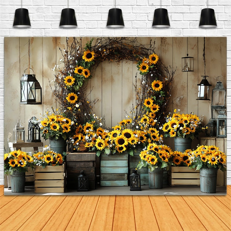 Fall Backdrops Wooden Wall Sunflower Wreath Backdrop UK CSH57-186