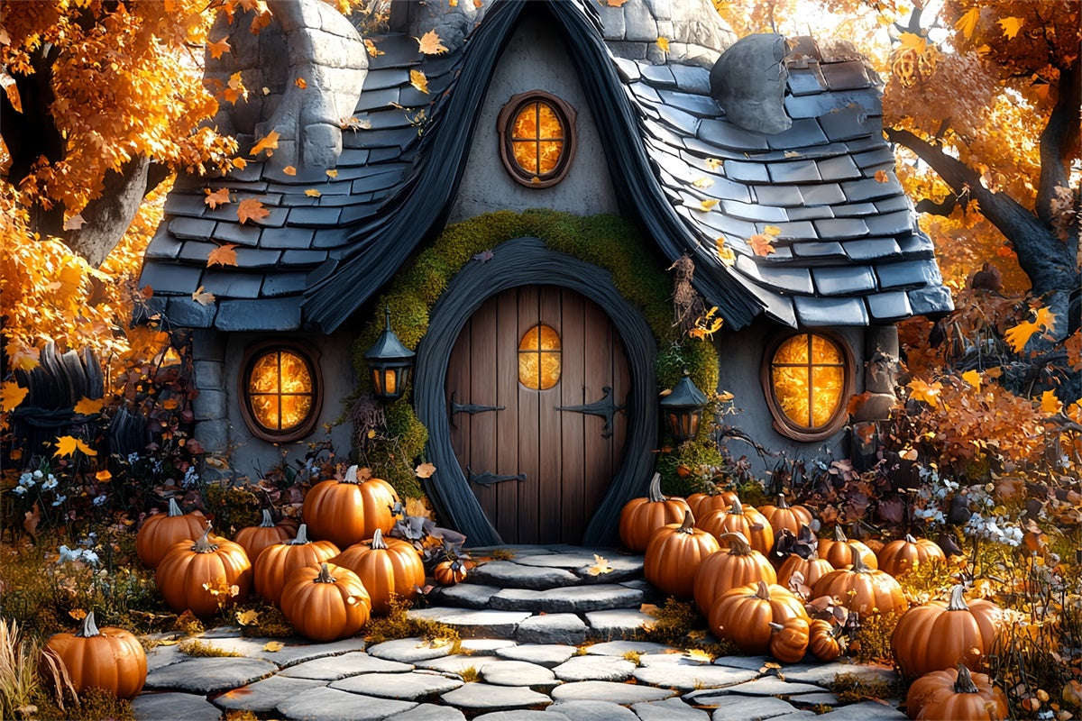 Autumn Photo Backdrop Whimsical Pumpkin House Backdrop UK CSH57-192