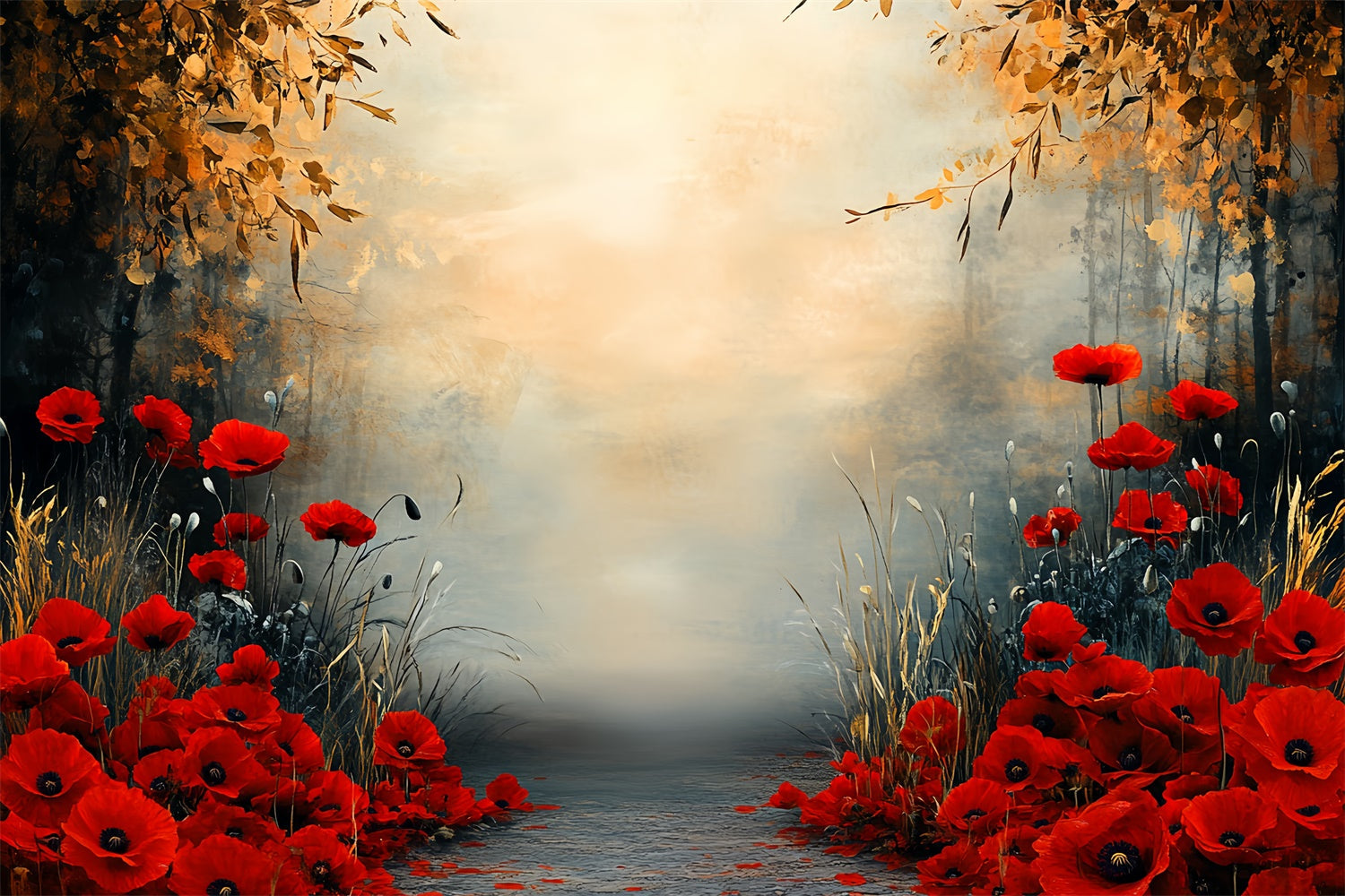 Fall Photography Backdrops Red Bloom Fall Pathway Backdrop UK CSH57-199