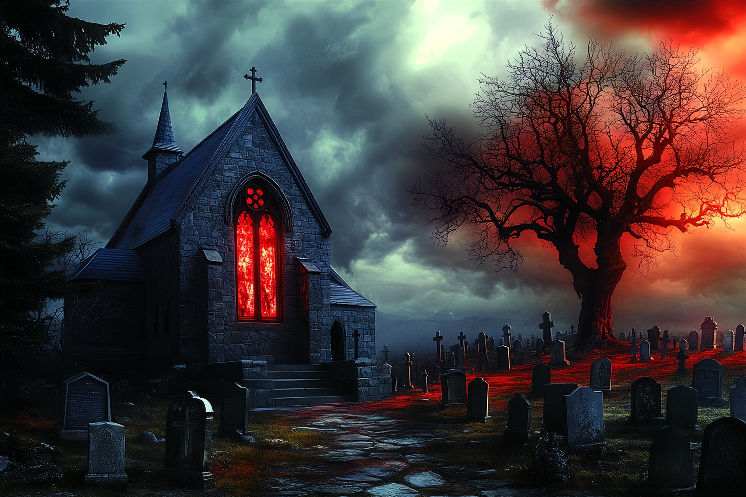 Halloween Graveyard Backdrop Cursed Chapel Tombs Backdrop UK CSH57-62