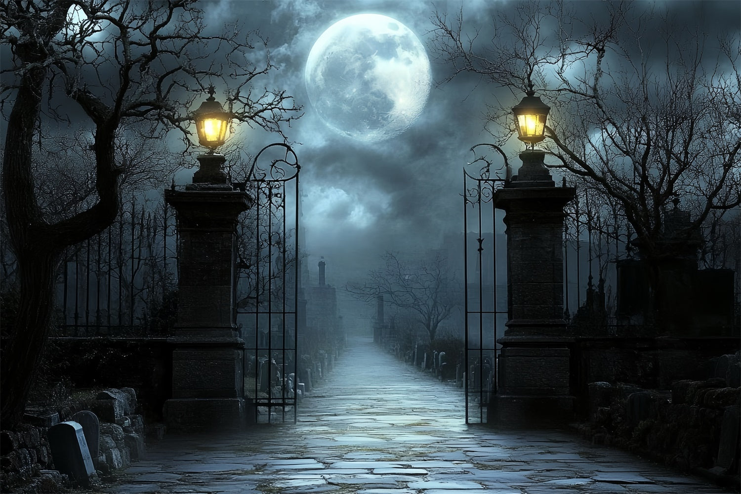 Halloween Photo Backdrop Moonlit Cemetery Gate Backdrop UK CSH57-63