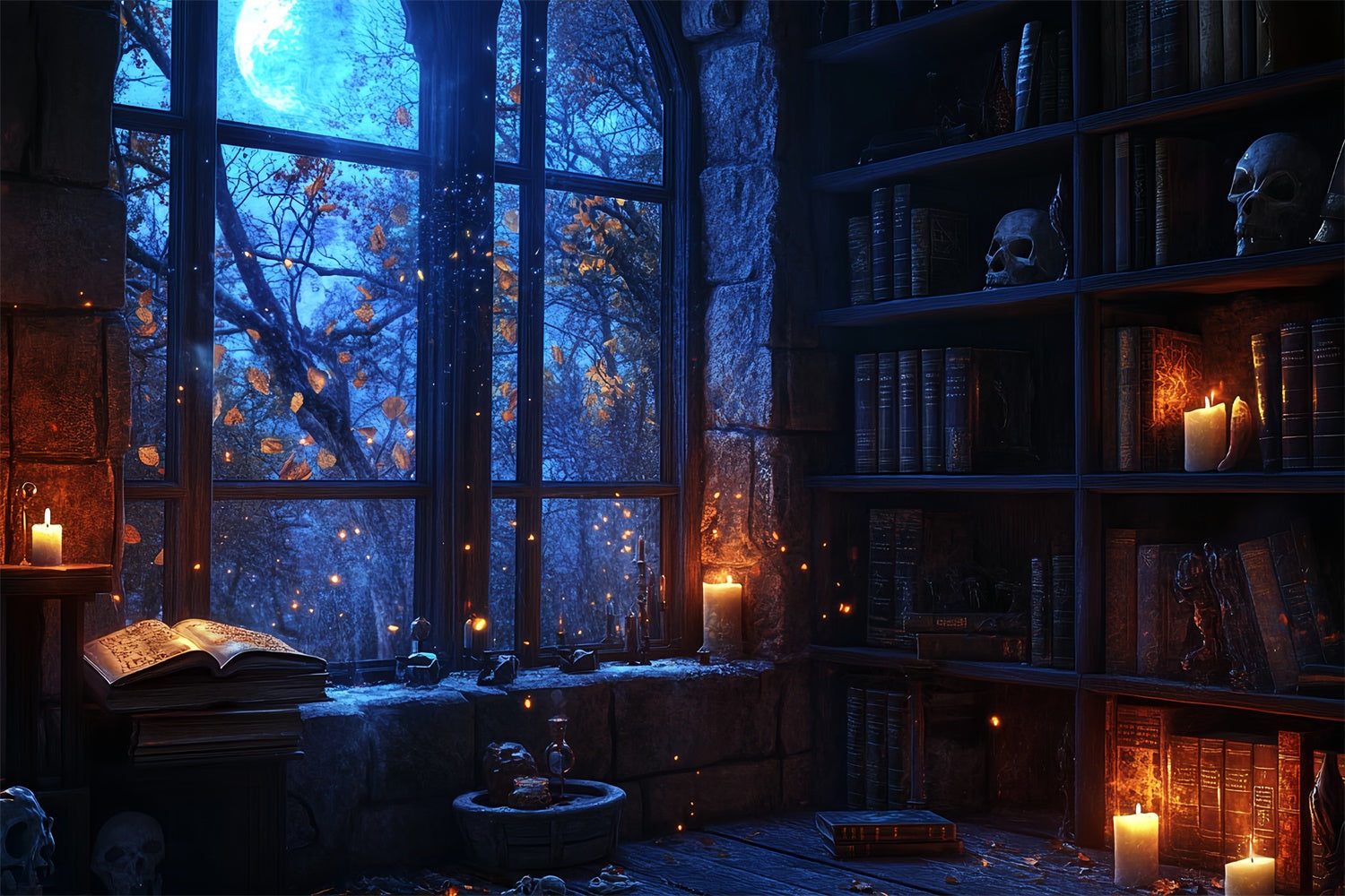 Halloween Picture Backdrop Blue Moon Library Glow Backdrop UK CSH57-74