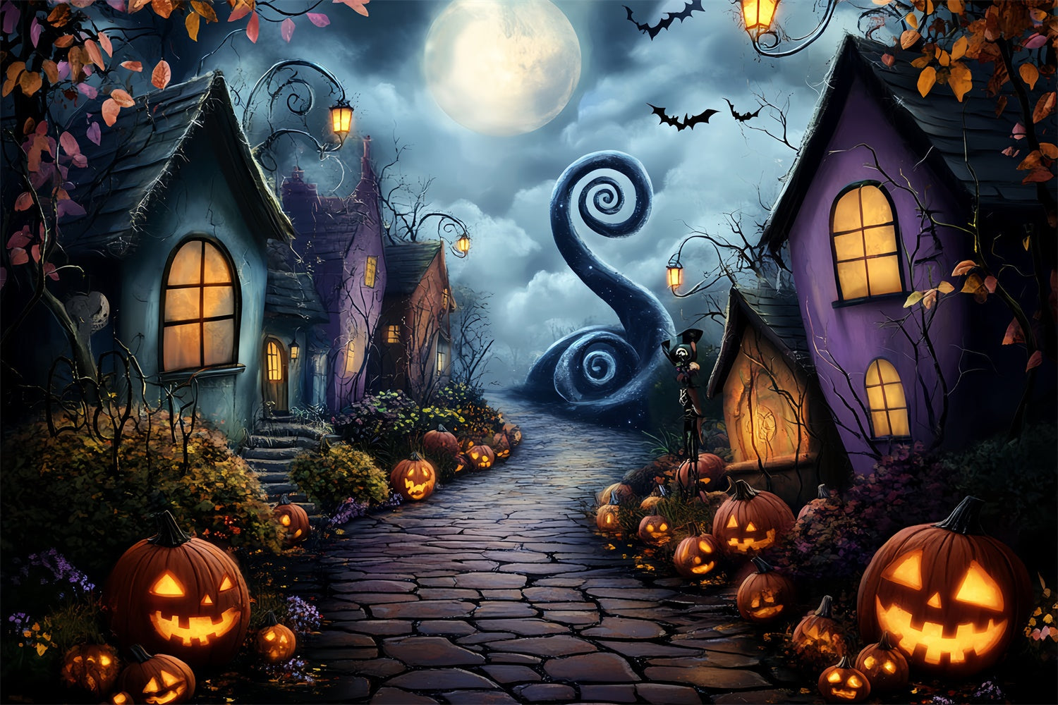 Haunted House Backdrop Curvy Moonlit Lane Backdrop UK CSH57-80