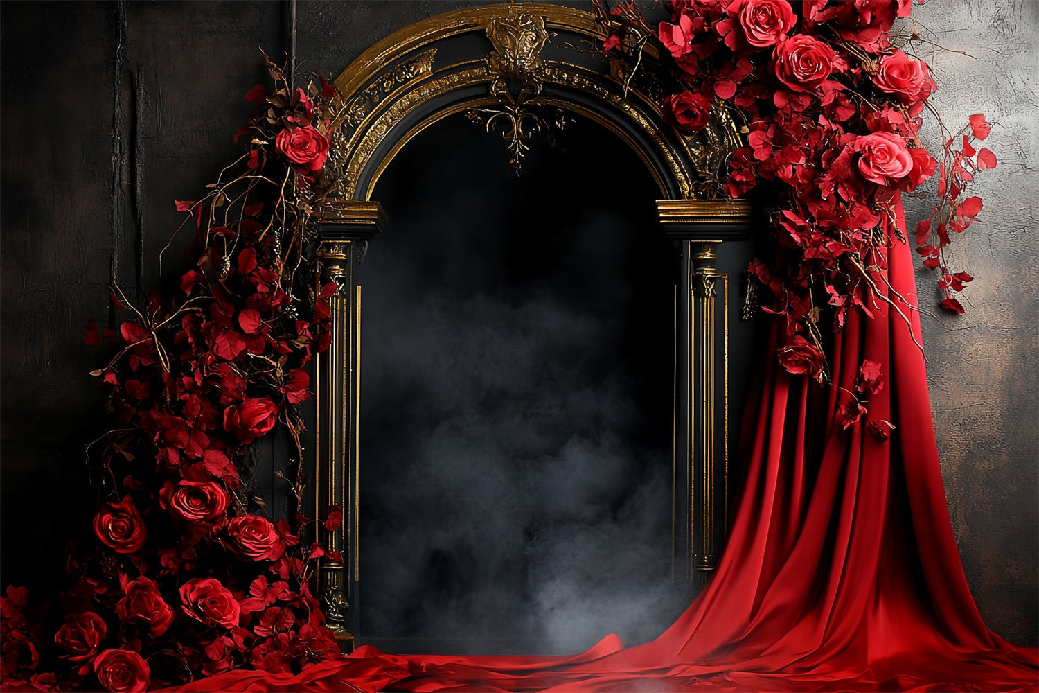 Vintage Backdrops Golden Arch Crimson Roses Backdrop UK CSH57-86
