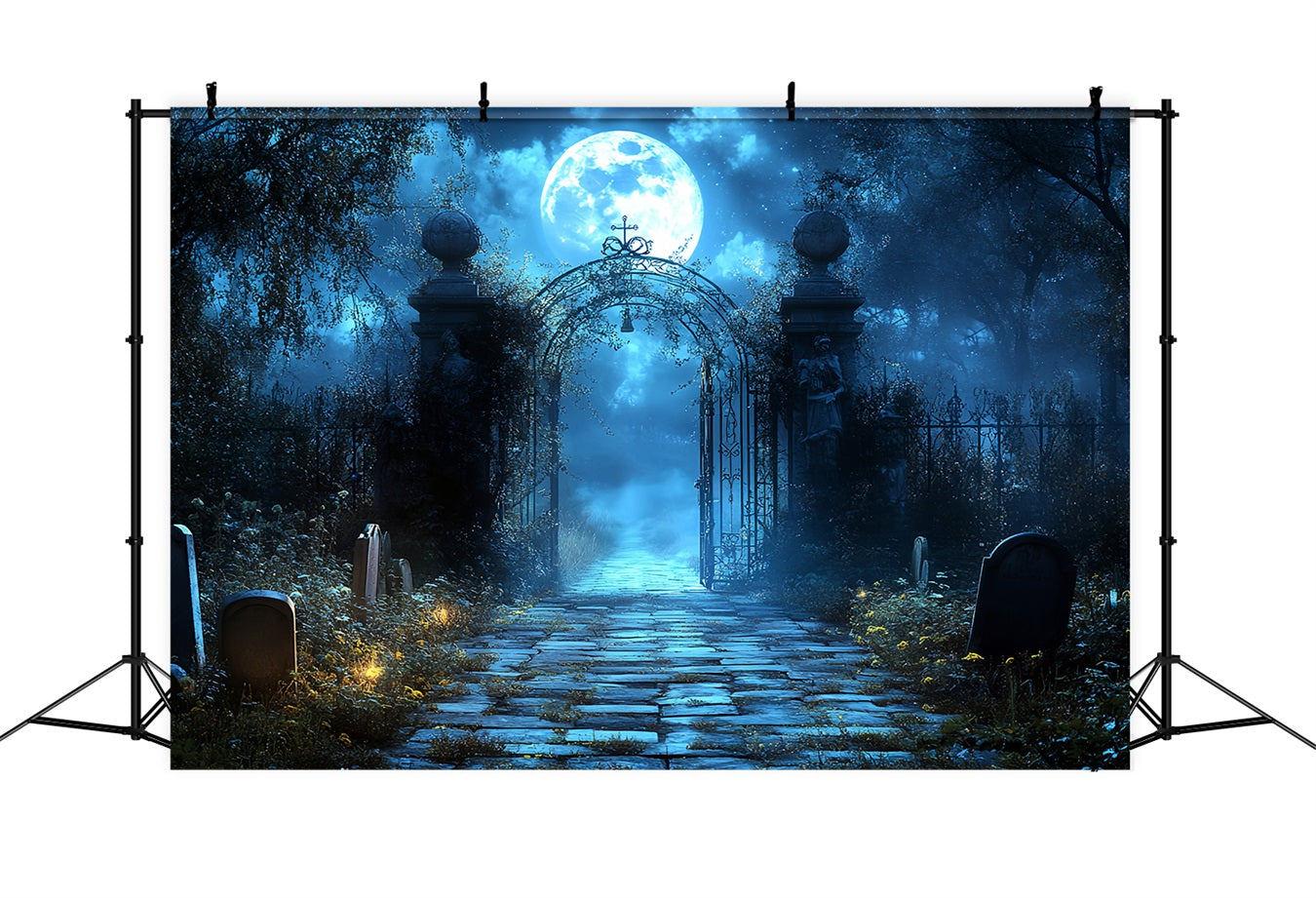 Graveyard Backdrop Blue Moon Cemetery Arch Halloween Photo Backdrops UK CSH58-100