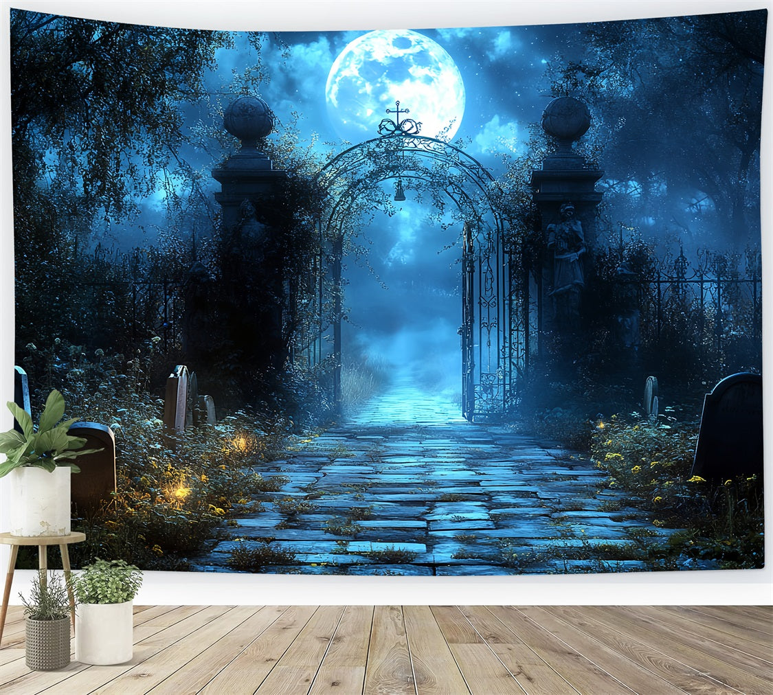 Graveyard Backdrop Blue Moon Cemetery Arch Halloween Photo Backdrops UK CSH58-100