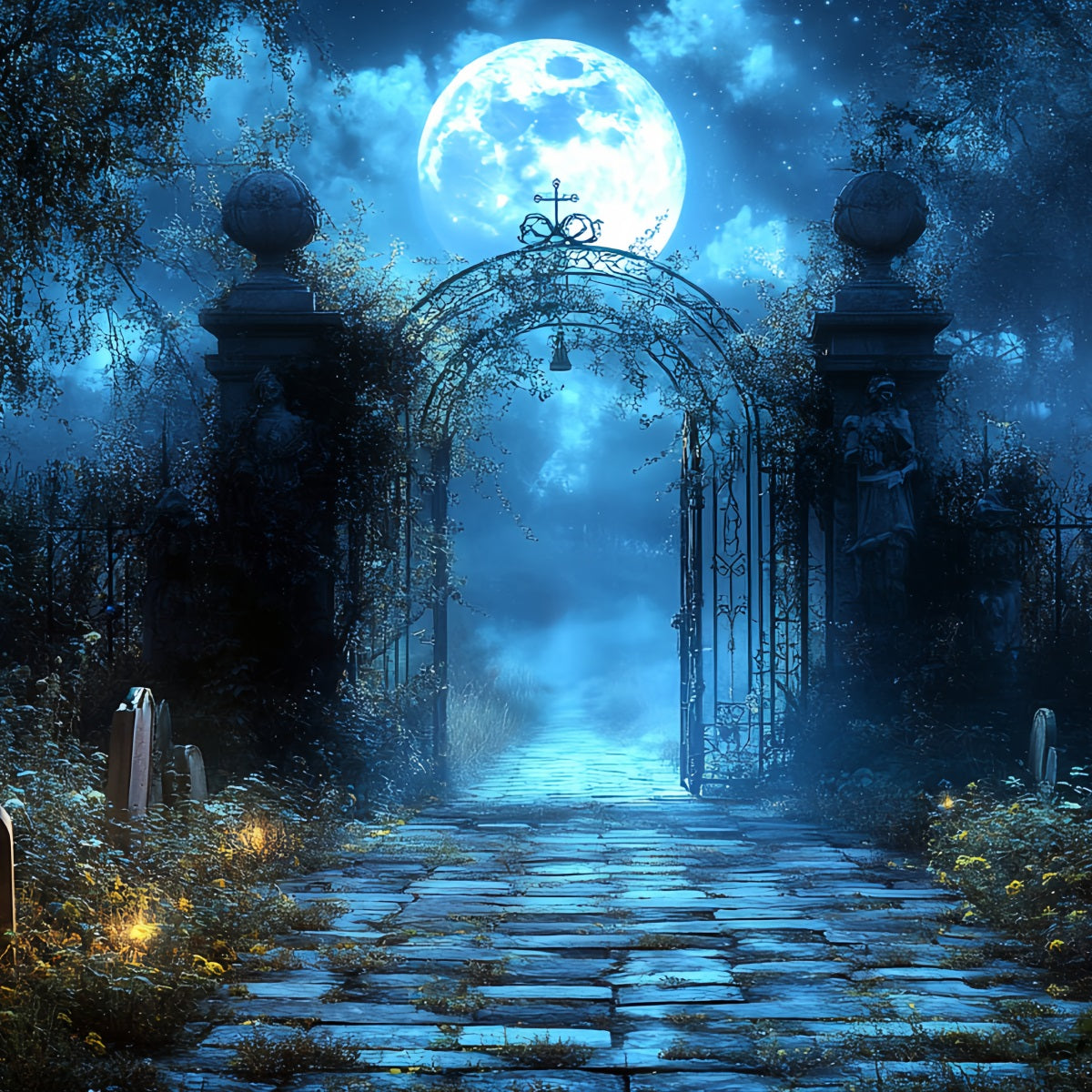 Graveyard Backdrop Blue Moon Cemetery Arch Halloween Photo Backdrops UK CSH58-100