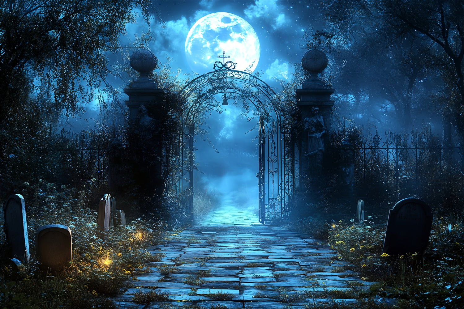 Graveyard Backdrop Blue Moon Cemetery Arch Halloween Photo Backdrops UK CSH58-100