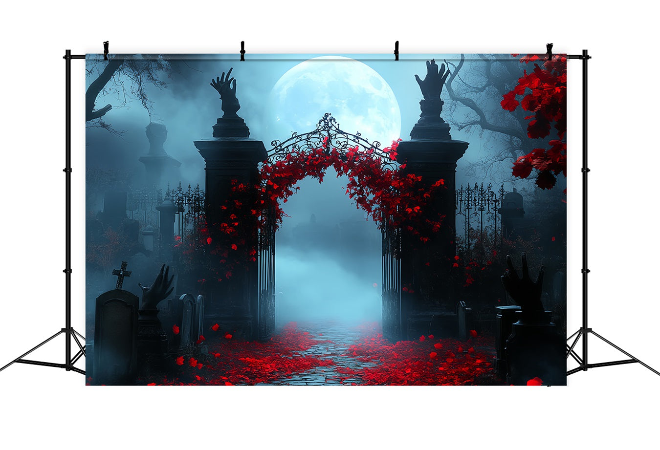 Graveyard Backdrop Crimson Ivy Moonlit Gate Halloween Photo Booth Backdrop UK CSH58-101