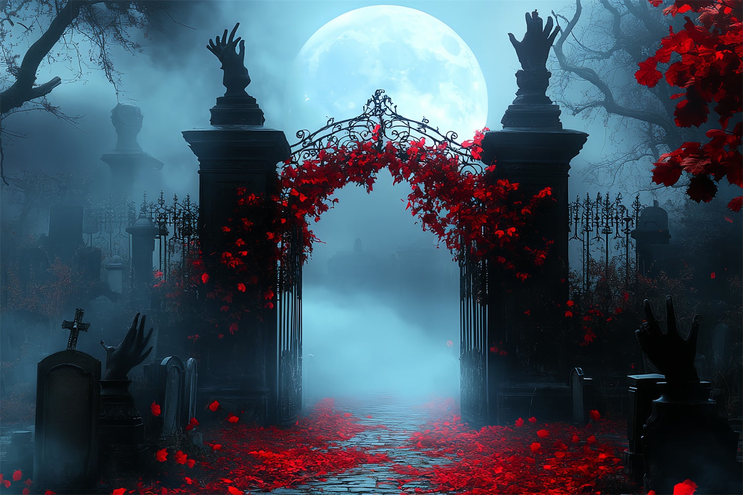 Graveyard Backdrop Crimson Ivy Moonlit Gate Halloween Photo Booth Backdrop UK CSH58-101