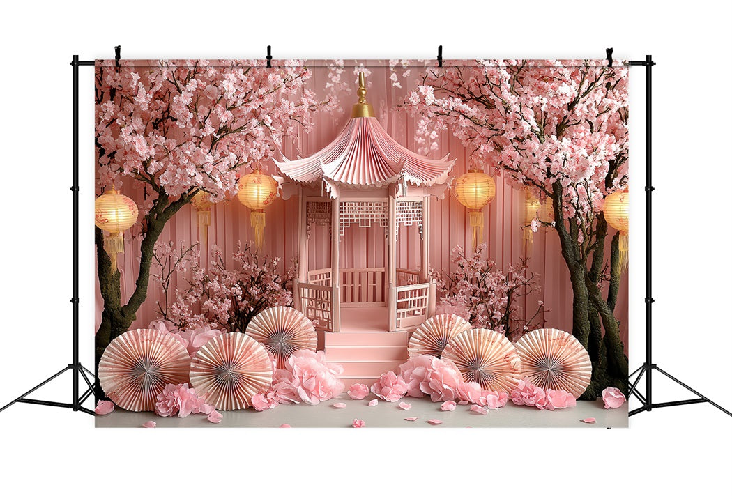 Cherry Blossom Backdrop Pink Flower Lantern Pavilion Spring Backdrop UK CSH58-102