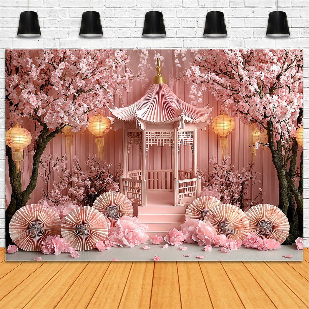 Cherry Blossom Backdrop Pink Flower Lantern Pavilion Spring Backdrop UK CSH58-102