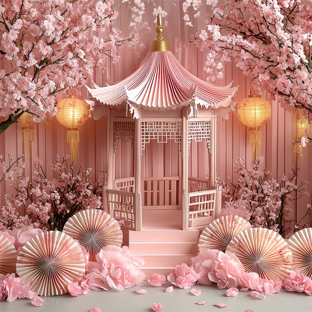 Cherry Blossom Backdrop Pink Flower Lantern Pavilion Spring Backdrop UK CSH58-102