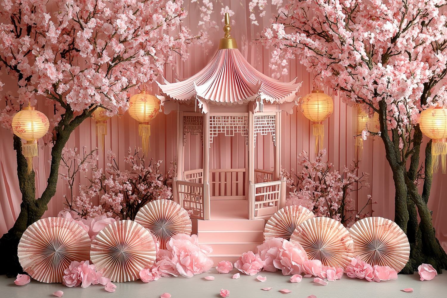 Cherry Blossom Backdrop Pink Flower Lantern Pavilion Spring Backdrop UK CSH58-102