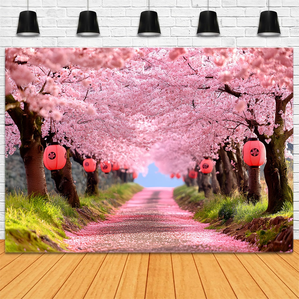 Cherry Blossom Backdrop Sakura Pathway Lantern Rows Spring Flower Backdrop UK CSH58-106