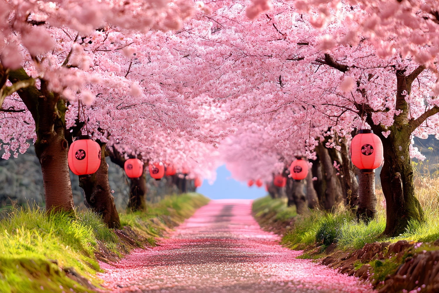 Cherry Blossom Backdrop Sakura Pathway Lantern Rows Spring Flower Backdrop UK CSH58-106