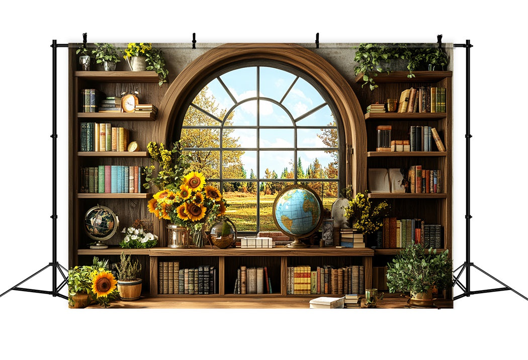 Bookshelf Backdrop Sunflower Library Autumn Window School Picture Backdrop UK CSH58-117