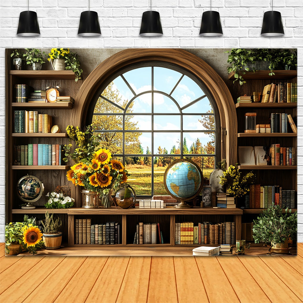Bookshelf Backdrop Sunflower Library Autumn Window School Picture Backdrop UK CSH58-117