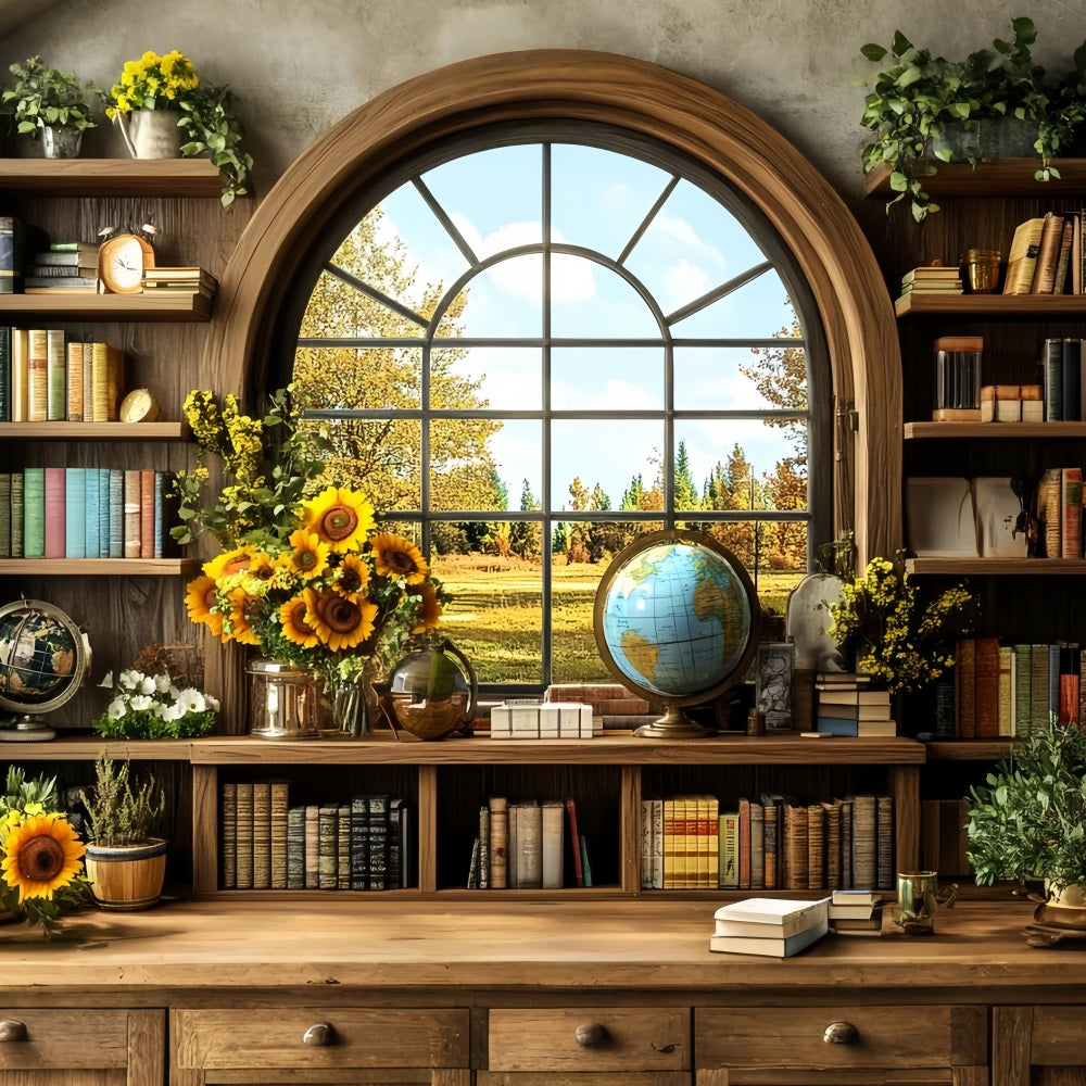 Bookshelf Backdrop Sunflower Library Autumn Window School Picture Backdrop UK CSH58-117