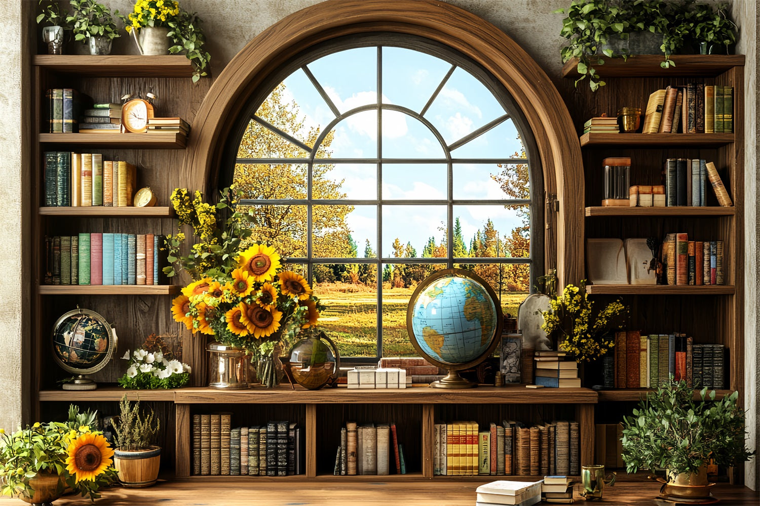 Bookshelf Backdrop Sunflower Library Autumn Window School Picture Backdrop UK CSH58-117