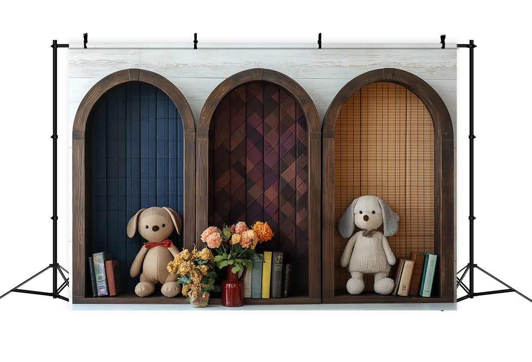 Bookshelf Backdrop Arched Shelf Plush Toys Books Back to School Backdrop UK CSH58-121