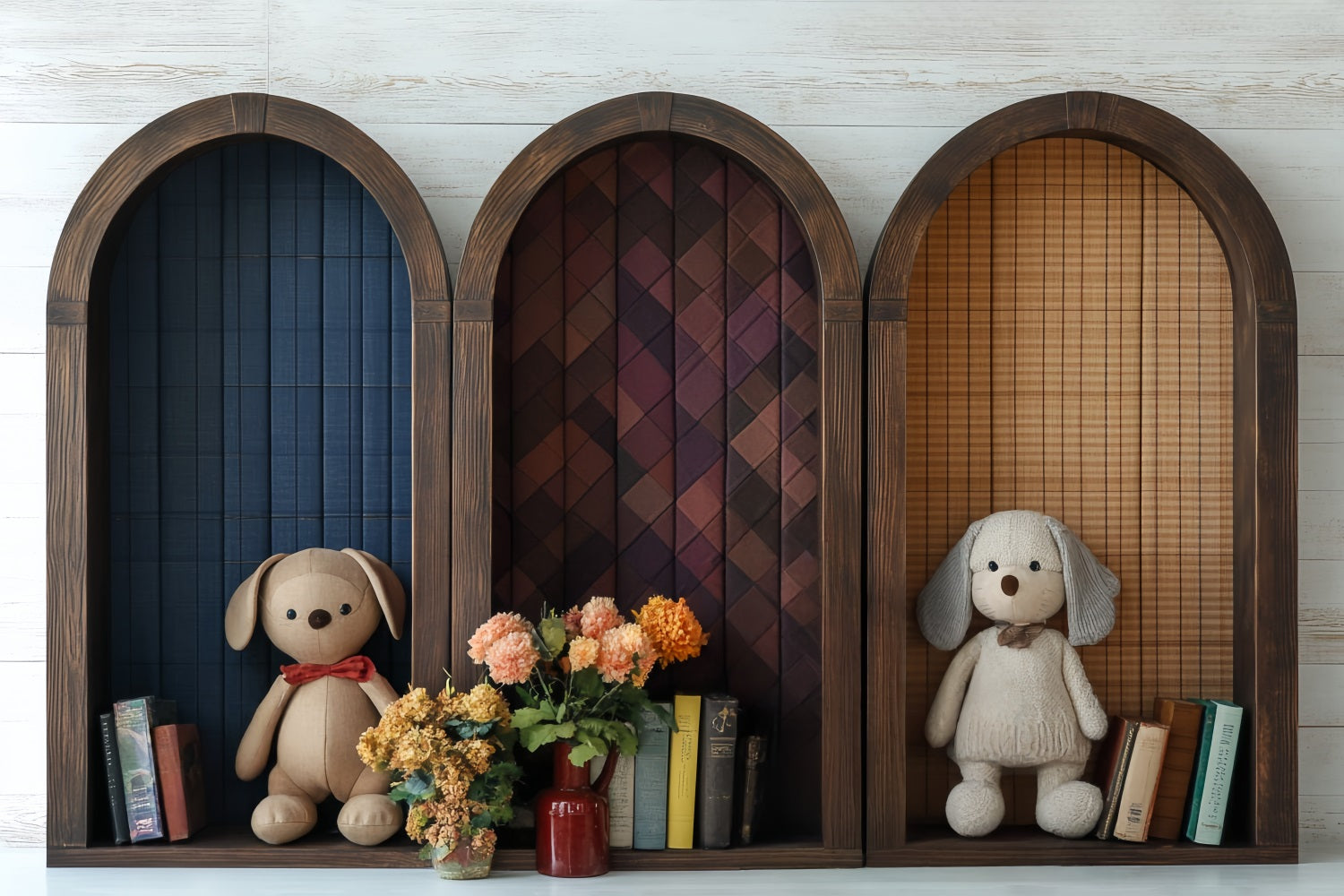 Bookshelf Backdrop Arched Shelf Plush Toys Books Back to School Backdrop UK CSH58-121