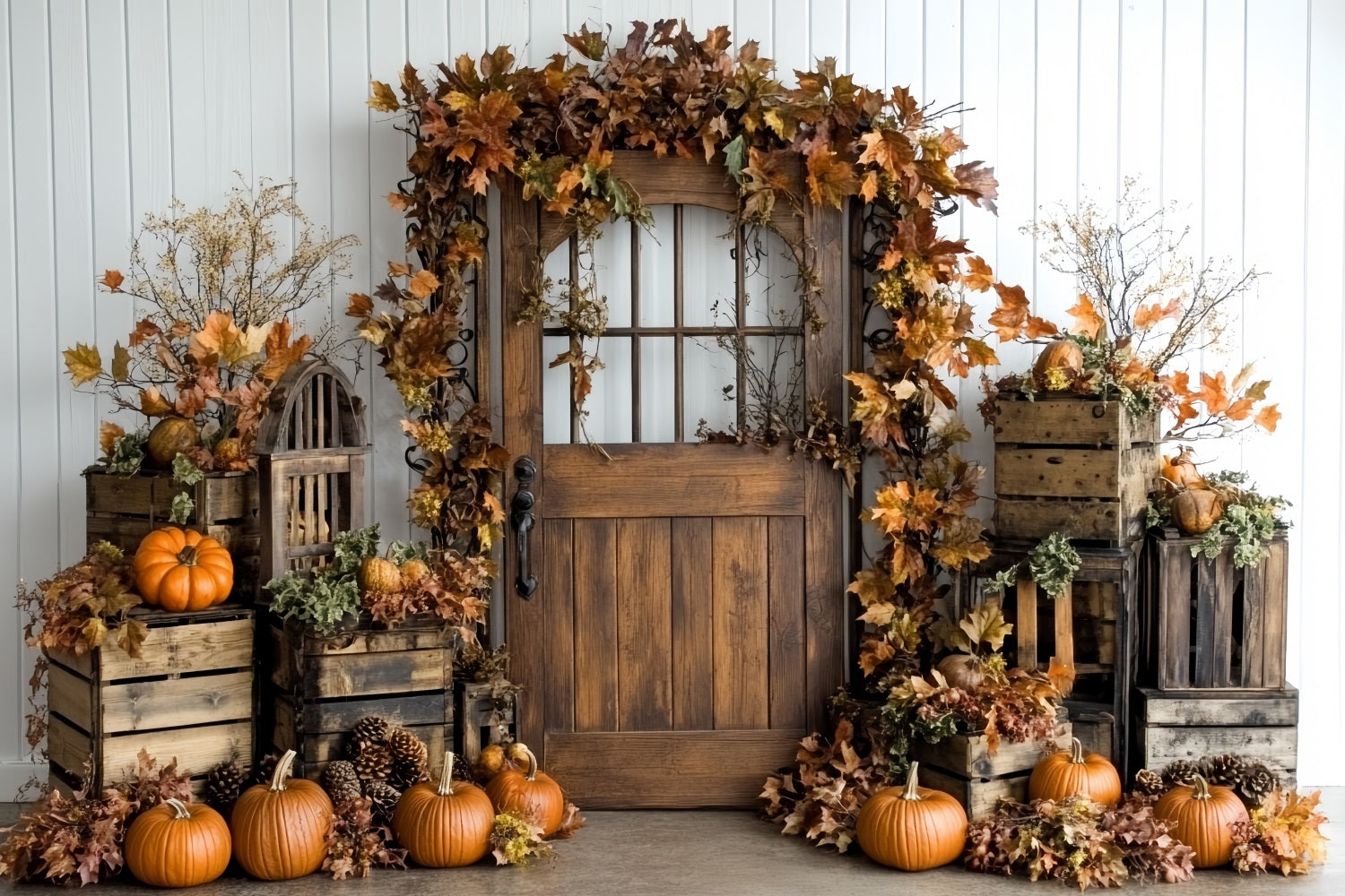 Thanksgiving Photo Backdrop Pumpkin Crate Autumn Leaves Thanksgiving Backdrop UK CSH58-132