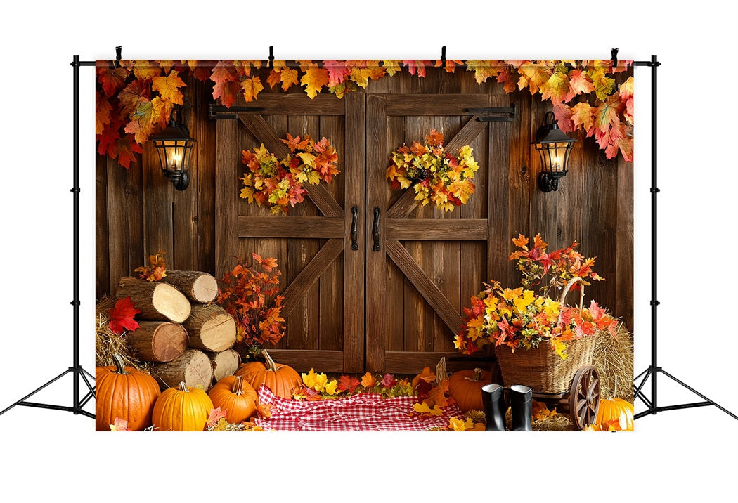 Rustic Backdrop Barn Door Autumn Leaves Thanksgiving Picture Backdrop UK CSH58-137
