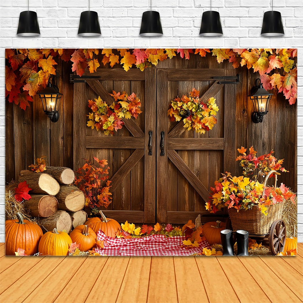 Rustic Backdrop Barn Door Autumn Leaves Thanksgiving Picture Backdrop UK CSH58-137