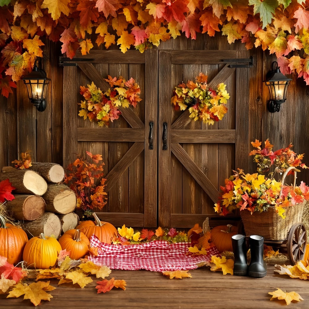 Rustic Backdrop Barn Door Autumn Leaves Thanksgiving Picture Backdrop UK CSH58-137