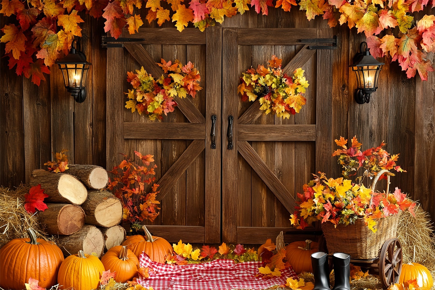 Rustic Backdrop Barn Door Autumn Leaves Thanksgiving Picture Backdrop UK CSH58-137
