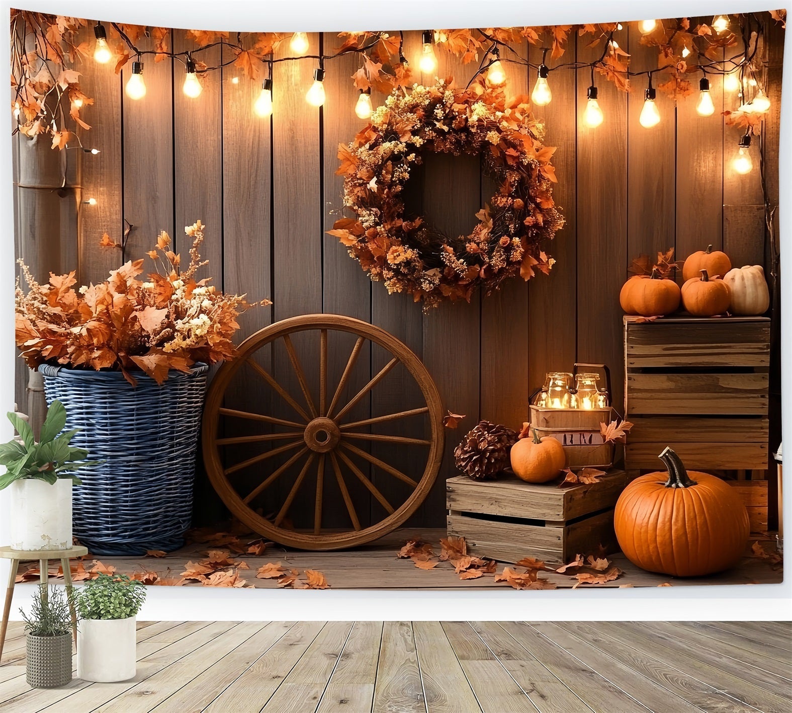 Rustic Backdrop Autumn Wreath Pumpkin Lanterns Thanksgiving Backdrop UK CSH58-138