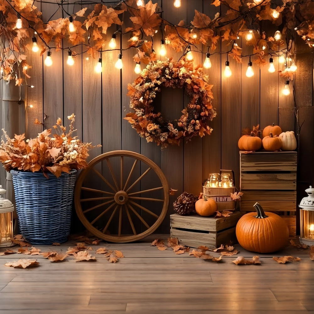 Rustic Backdrop Autumn Wreath Pumpkin Lanterns Thanksgiving Backdrop UK CSH58-138