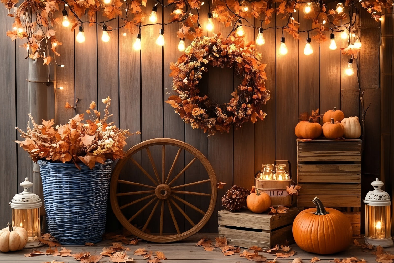 Rustic Backdrop Autumn Wreath Pumpkin Lanterns Thanksgiving Backdrop UK CSH58-138