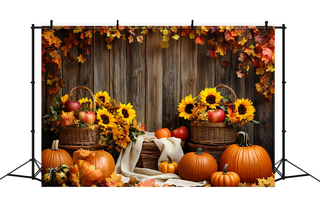Rustic Backdrop Sunflower Apple Basket Pumpkins Thanksgiving Day Backdrop UK CSH58-139