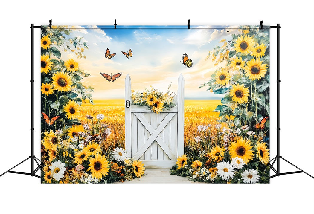Rustic Backdrop Sunflower Meadow White Gate Thanksgiving Backdrop Ideas UK CSH58-140