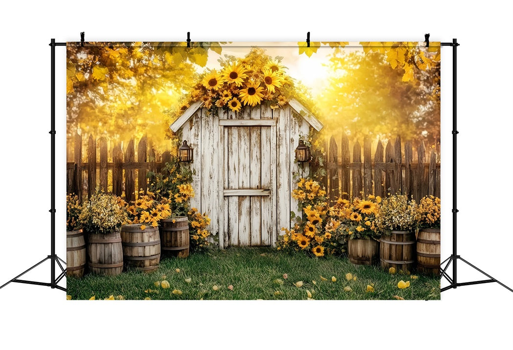 Rustic Backdrop Rustic Shed Sunflower Barrels Backdrop For Thanksgiving UK CSH58-141