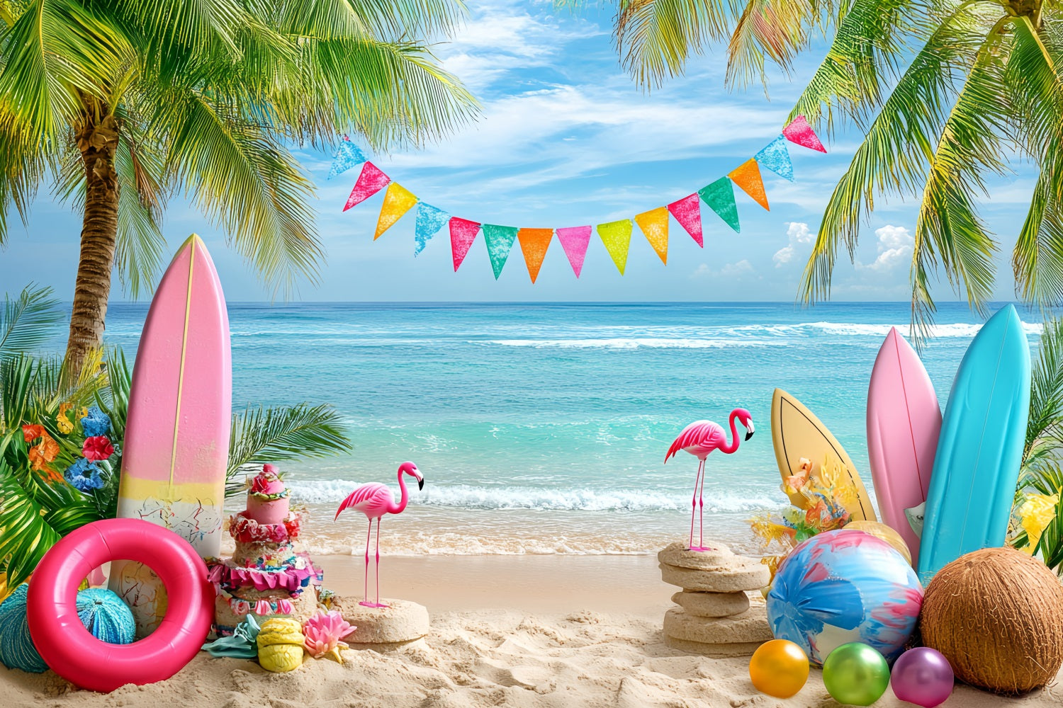 Summer Ocean Backdrop Colorful Flamingo Beach Summer Photo Backdrop UK CSH58-216