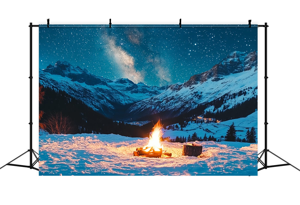 Winter Mountain Backdrop Starry Alpine Night with Campfire Winter scene Backdrop UK CSH58-22