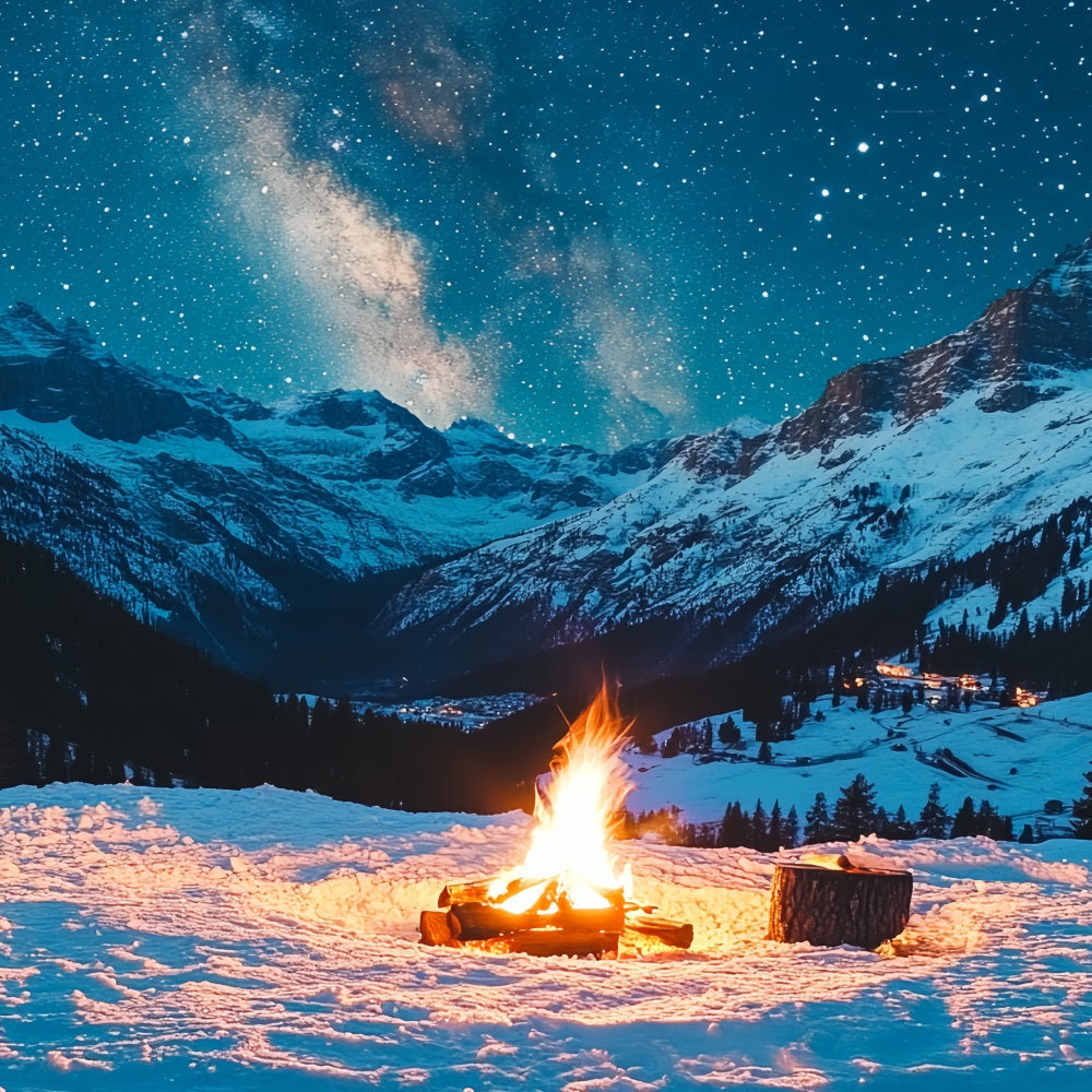 Winter Mountain Backdrop Starry Alpine Night with Campfire Winter scene Backdrop UK CSH58-22