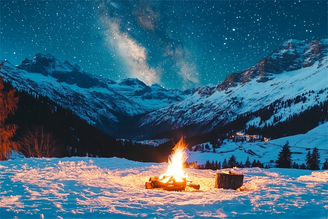 Winter Mountain Backdrop Starry Alpine Night with Campfire Winter scene Backdrop UK CSH58-22