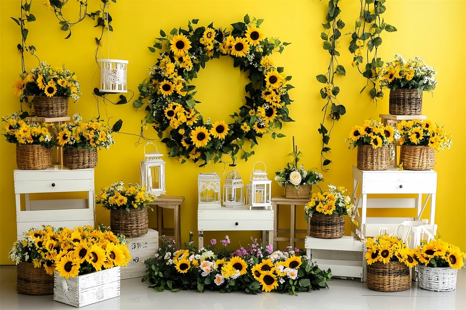 Autumn Sunflower Backdrop Bright Sunflower Wreath Display Fall Photography Backdrops UK CSH58-221
