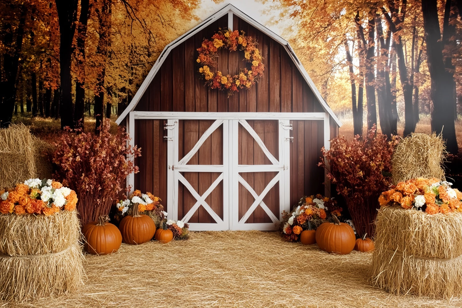 Fall Rustic Backdrop Rustic Barn Pumpkin Harvest Autumn Backdrop UK CSH58-222