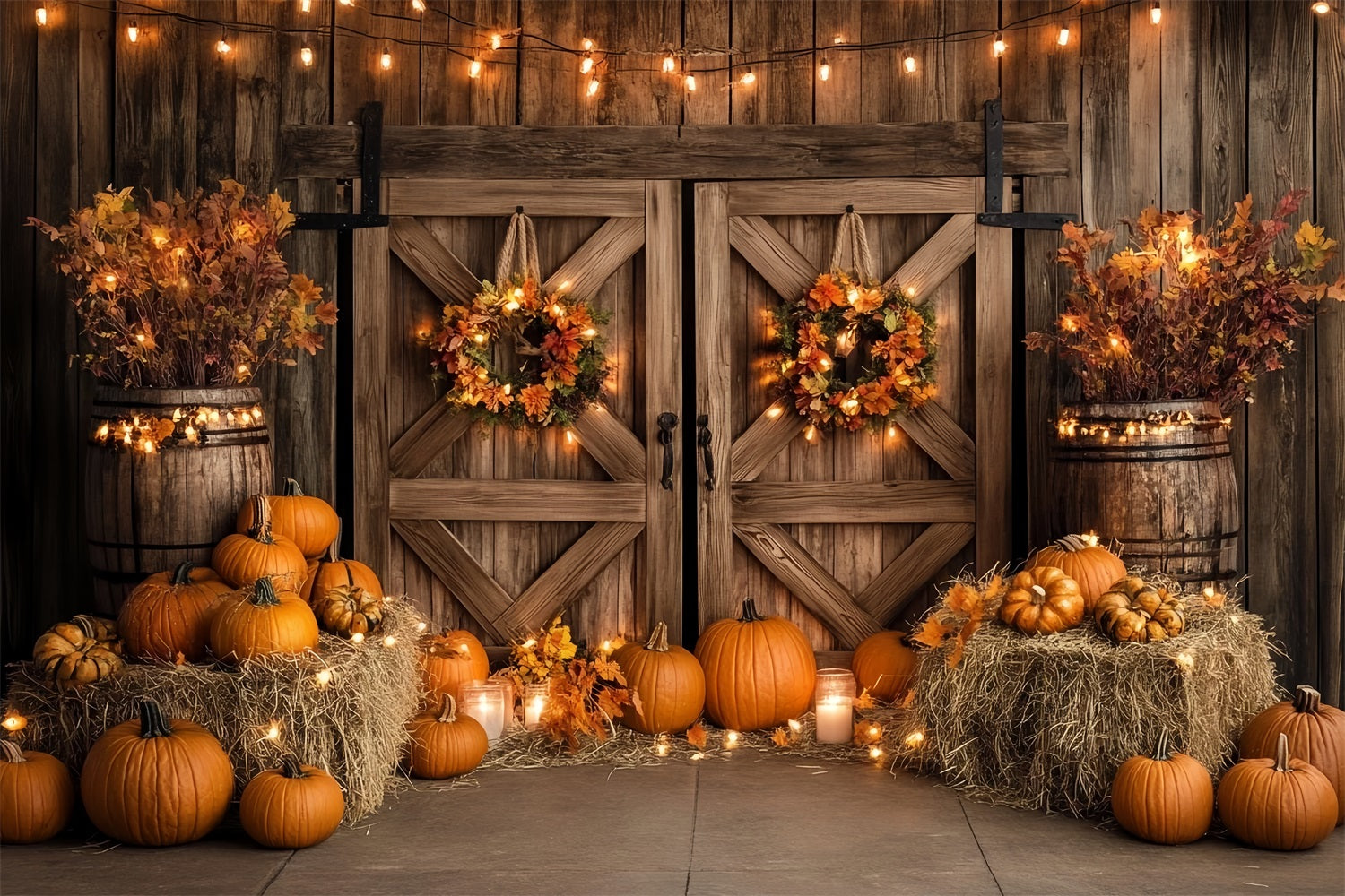 Autumn Rustic Backdrop Wooden Door Pumpkin Lights Fall Photoshoot Backdrop UK CSH58-224