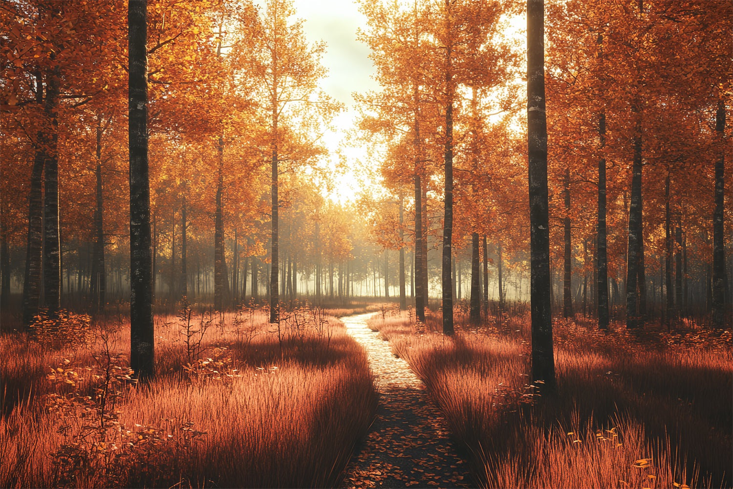 Fall Nature Backdrop Sunlit Path Golden Forest Fall Photography Backdrop UK CSH58-229