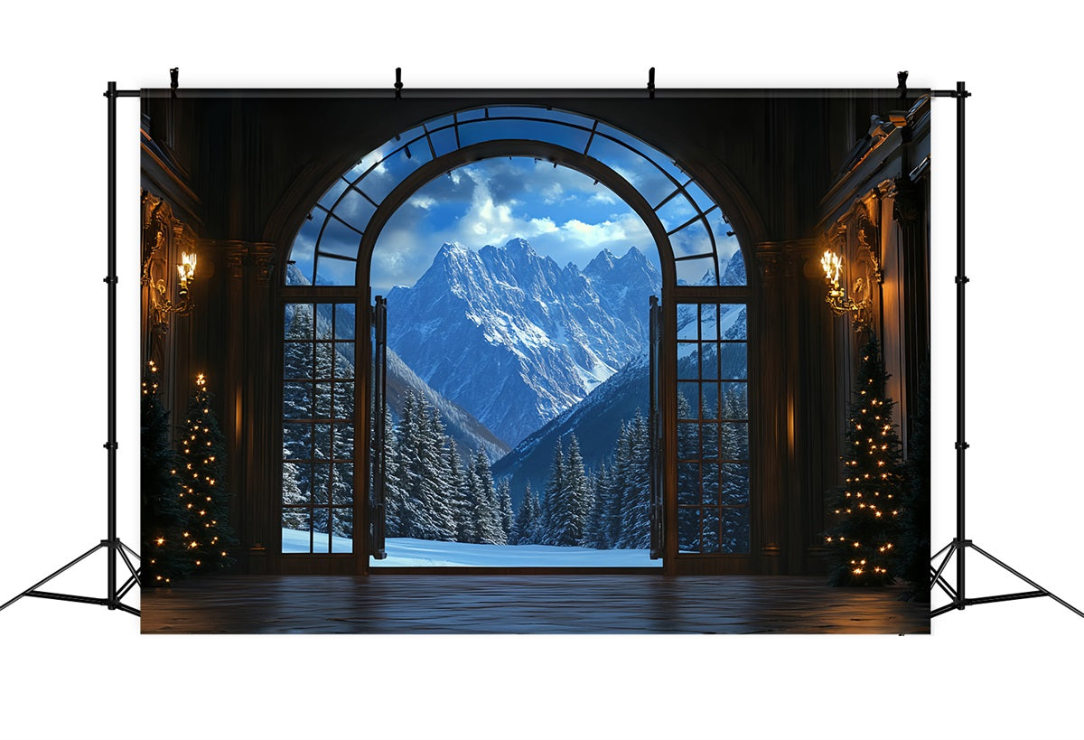 Winter Mountain Backdrop Grand Hall View to Snowy Peaks Winter window Backdrop UK CSH58-24