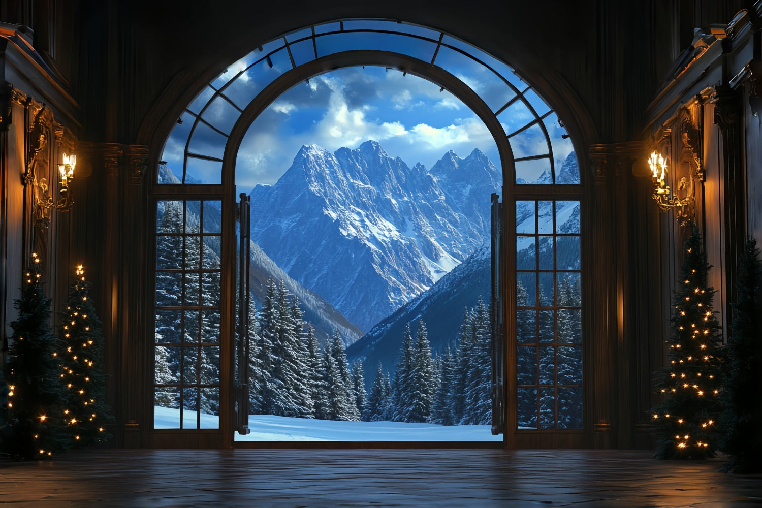 Winter Mountain Backdrop Grand Hall View to Snowy Peaks Winter window Backdrop UK CSH58-24