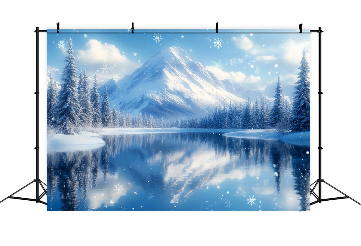 Winter Mountain Backdrop Snowy Mountain Lake with Falling Snowflakes Winter onederland Backdrop UK CSH58-25