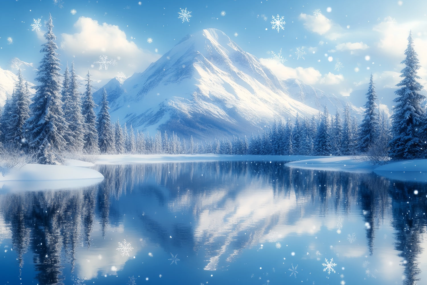 Winter Mountain Backdrop Snowy Mountain Lake with Falling Snowflakes Winter onederland Backdrop UK CSH58-25